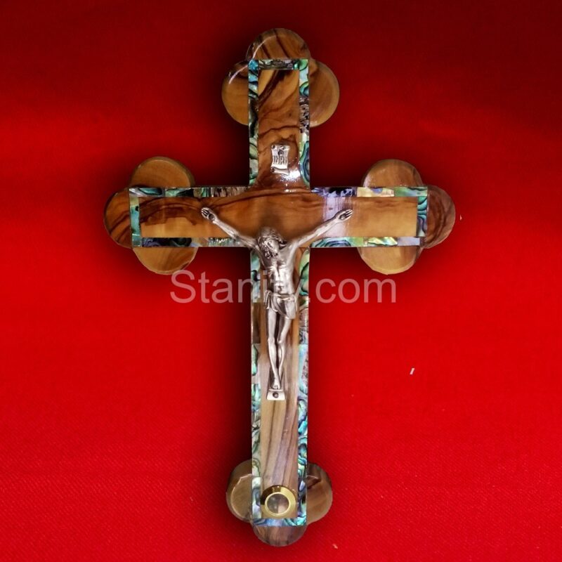 Olive Wood Handmade crucifix cross with mother of pearl tiles 20cm